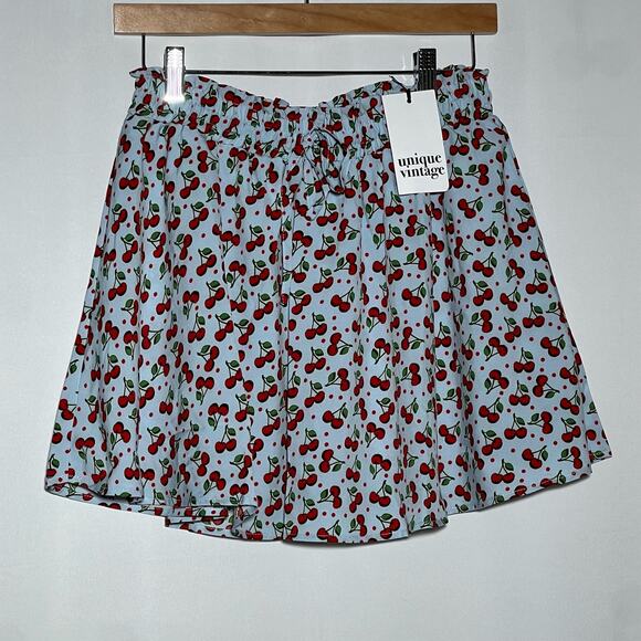 Unique Vintage Cherry Print Dottie Flowy Mini Skirt Blue Red Womens Size S Y2K - Picture 6 of 10
